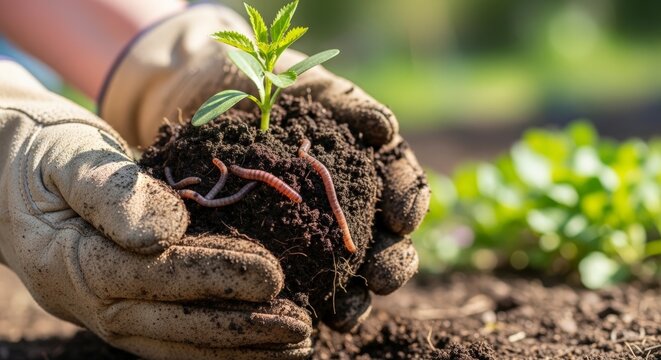 Hands holding a small green plant.