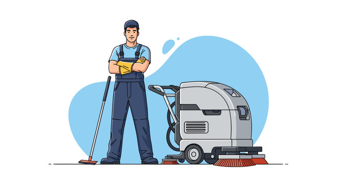 Professional male cleaner in blue overalls standing confidently next to an industrial floor cleaning machine.