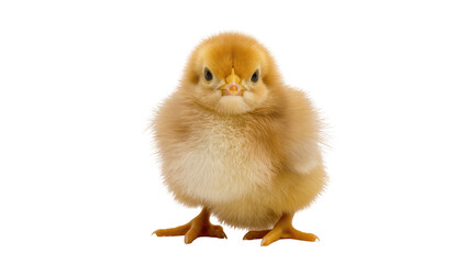 Obraz premium Fluffy yellow baby chick with small orange beak and dark eyes standing upright, isolated on transparent background