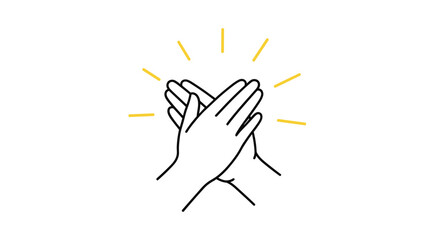 Obraz premium Simple line drawing of two hands meeting in a high five or clapping gesture with yellow rays of light indicating success and energy.