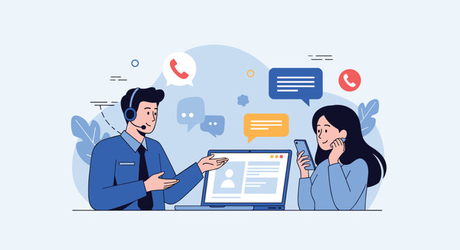 Professional customer support male agent with headset assisting a female client over a call with floating chat bubbles and icons.