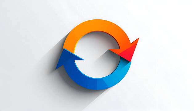 Circular arrows flowing in opposite directions with shadow on plain white backdrop