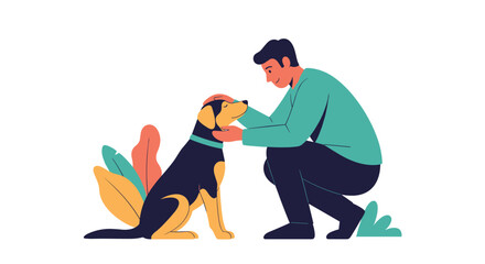 Kind man kneeling down to pet and bond with a black and tan dog in a peaceful outdoor setting with colorful stylized foliage. © Zubair