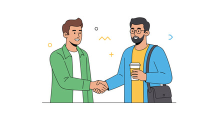Fototapeta premium Two young professional men in casual clothing smiling and shaking hands during a friendly meeting or successful business deal.
