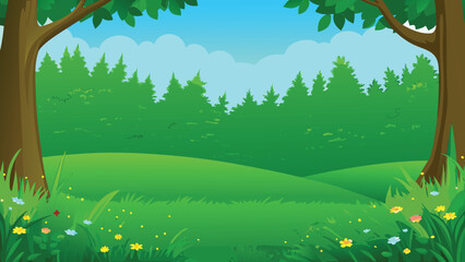 A vibrant cartoon landscape featuring trees and a grassy field © MAYENUDDIN