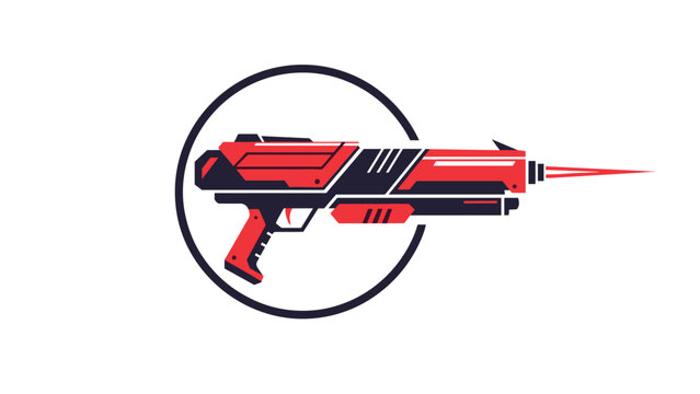 Futuristic red and black sci-fi blaster or laser gun design with a glowing energy beam isolated against a white background.