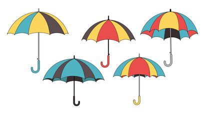 Obraz premium Collection of five colorful striped umbrellas with curved handles isolated on a plain white background for weather concepts.