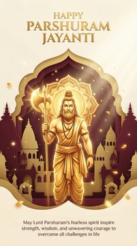 Golden Lord Parshuram with his axe stands majestically within an ornate, layered archway adorned with mandalas and temple silhouettes, celebrating his divine birth