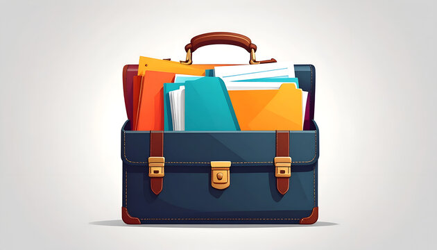 Open blue briefcase overflowing with colorful office folders and documents cartoon