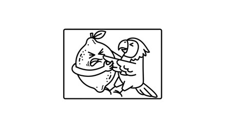 Fototapeta premium Humorous cartoon illustration of a cheerful parrot playfully poking a distressed lemon, depicting