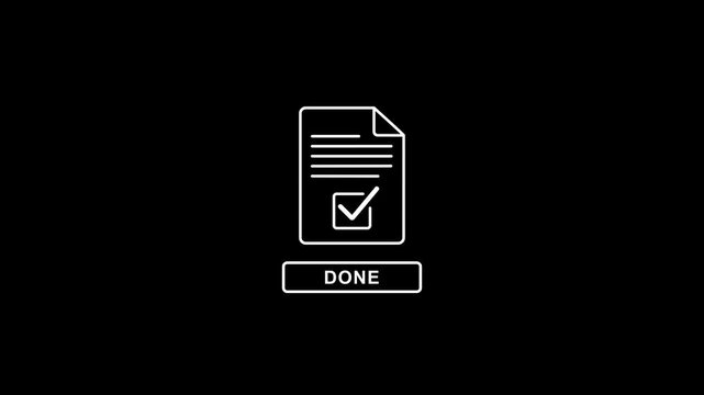 Completed task checkmark on document outline with done button on black background white outline