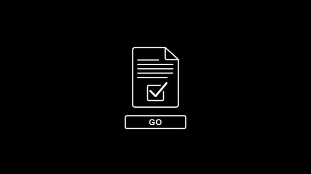 Document with checkmark and go button on black background document checkmark white outline line minimalistic flat web user interface