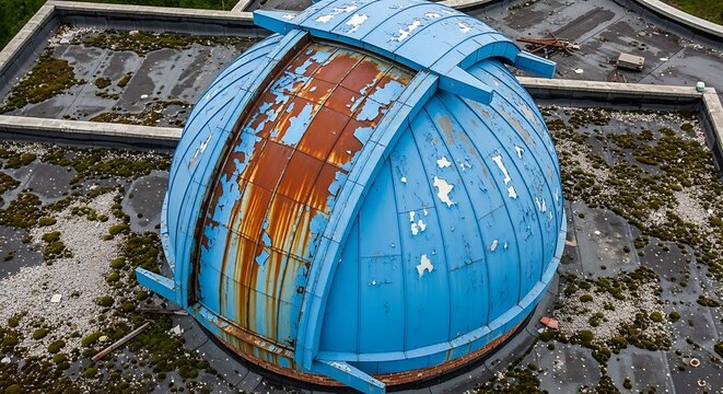 Abandoned blue metal dome structure outdoors.