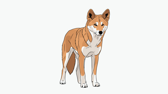 Detailed dingo animal standing alert on a plain white background showing its wild canine features and orange fur.