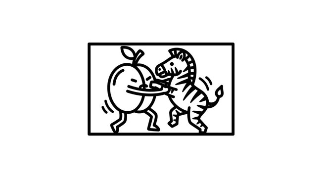 Playful interaction between a cheerful anthropomorphic apple and a dancing zebra in a whimsical