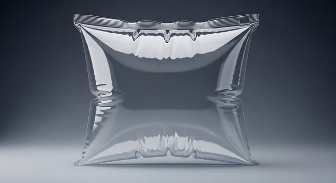 Square clear plastic inflated pillow pouch, empty and isolated on a dark background.