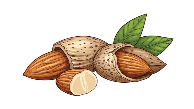 Realistic illustration of whole and shelled almonds with green leaves on a plain white background for food and nutrition.