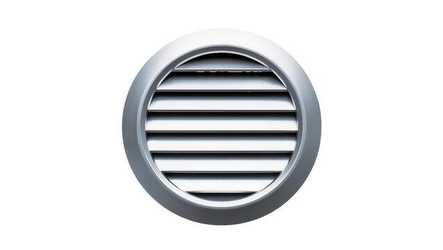 Sleek circular metallic air vent with horizontal slats, isolated on transparent background for efficient air flow