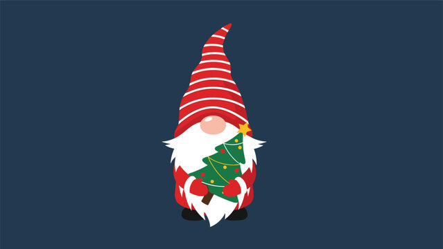 Adorable Christmas gnome with a long white beard and red striped hat holds a small decorated evergreen tree for holiday festive decor.