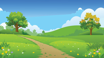 Fototapeta premium A sunny landscape with green hills trees and a winding path
