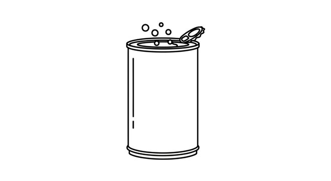 Minimalist outline illustration of an opened beverage can with effervescent bubbles rising from