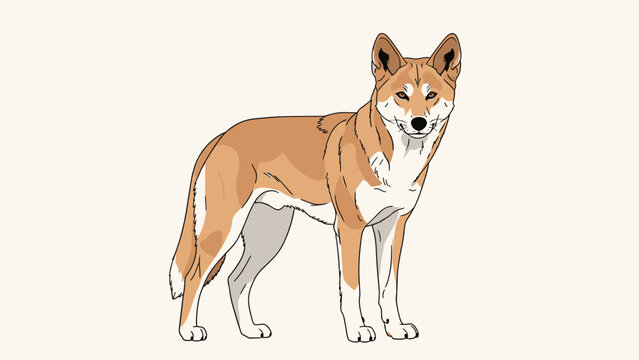 Wild Australian dingo animal standing in a profile view with a light sandy colored coat on a plain background.