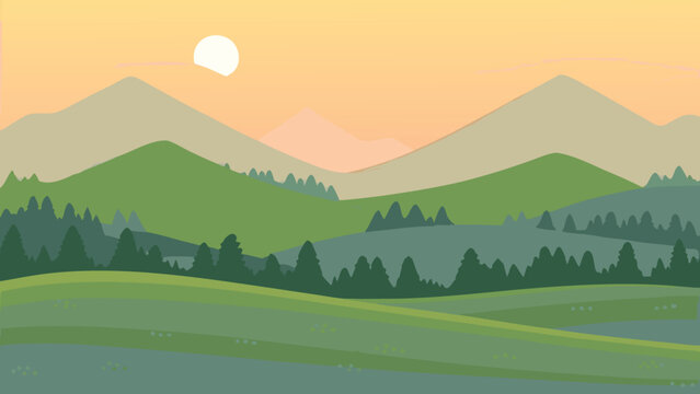 Stylized landscape illustration with mountains trees and a rising sun