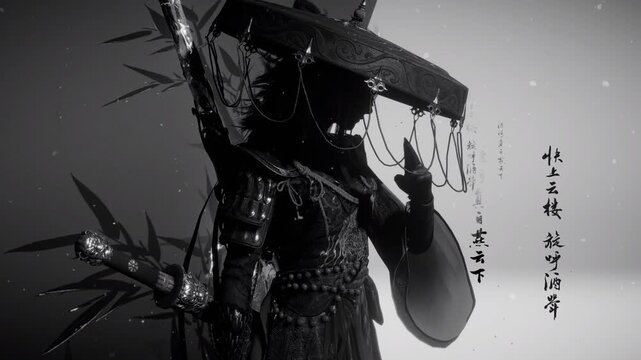 Mysterious Samurai Warrior in Traditional Armor with Straw Hat, Dark Japanese Ronin with Katana in Cinematic Black and White, Japanese Warrior Silhouette with Katana and Cultural Elements