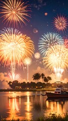 Fototapeta premium Vibrant fireworks exploding over serene lake at dusk (6)