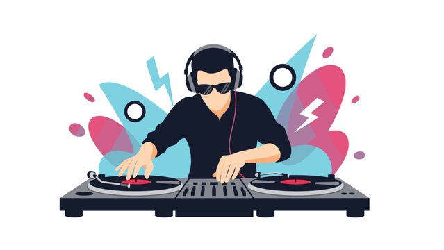 Enthusiastic male DJ wearing headphones and sunglasses mixing music on turntables with vibrant abstract shapes in the background for a party theme.