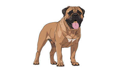 Obraz premium Powerful adult Bullmastiff dog with a brown coat and black mask standing in a confident pose with its tongue out on a clean white background.