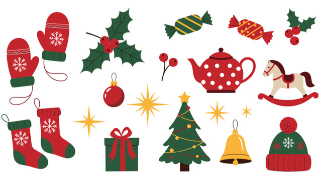 Festive collection of winter holiday icons including red mittens, holly berries, christmas trees, candy, a rocking horse, and decorative stockings.