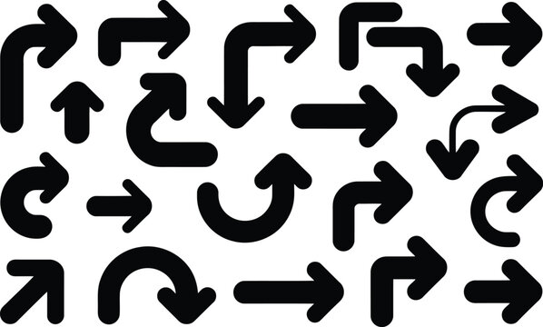 A collection of twenty black L shaped and curved arrows indicating various directions on a simple white background
