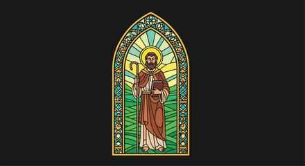 Fototapeta premium Traditional stained glass window design featuring a religious saint holding a shepherd crook and a holy book for church and spiritual themes.