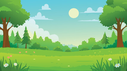 A vibrant cartoon landscape with trees grass and a bright sun © MAYENUDDIN