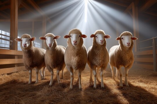 Five sheep stand in a barn, facing the camera