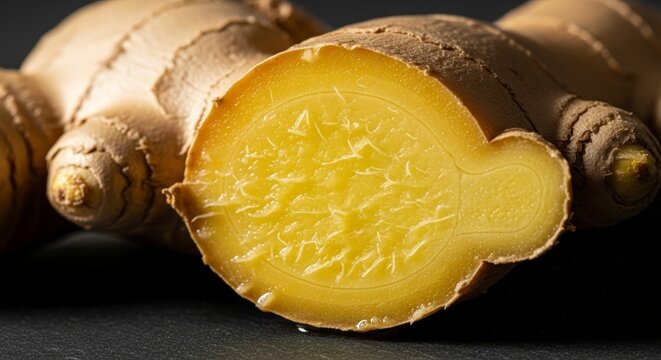 Fresh ginger root on dark background.