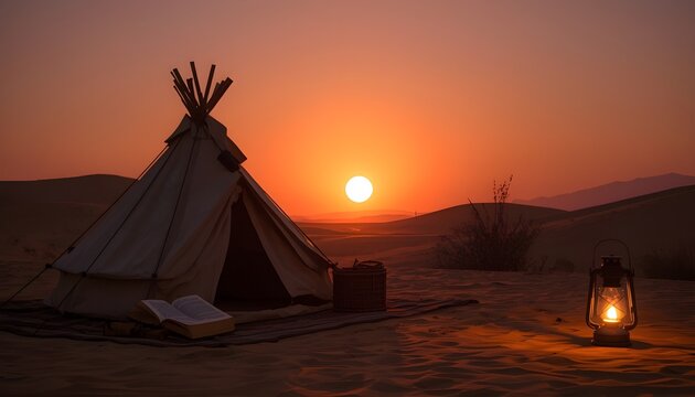 A serene desert landscape at sunset with a traditional teepee and lantern