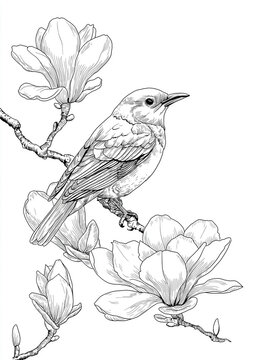 a bird perched on the branch of a blooming rose bush, outlined in black lines with a white background for a coloring book. in the style of a minimalist artist, with soft color blending