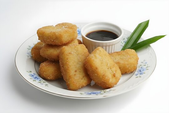 Traditional Indonesian getuk goreng made from cassava and palm sugar, crispy fried snack served with sauce. Asian food and cultural cuisine concept.