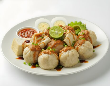 Indonesian siomay fish dumplings with tofu, egg and peanut sauce on white plate. Asian street food, traditional cuisine and menu design.