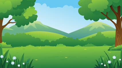 Naklejka premium A bright cartoon landscape featuring trees grass and a small pond