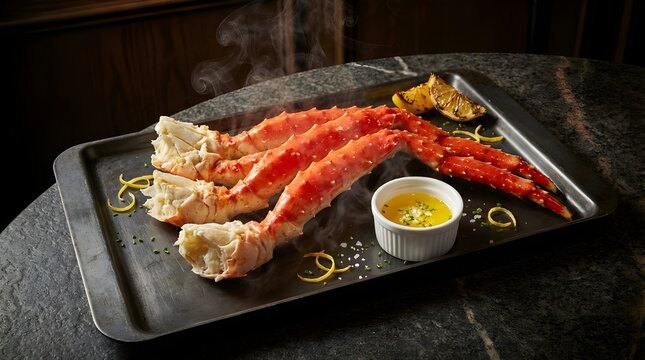 A delicious plate of king crab legs served with melted butter on a dark stone table