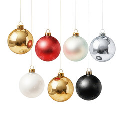 Obraz premium Collection of festive Christmas ornaments in various colors hanging on threads