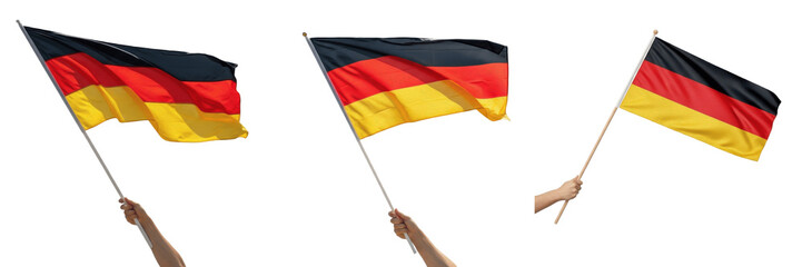 Hand holding Germany flag and waving national flag of Germany isolated on white background, patriotic symbol of German national pride and identity
