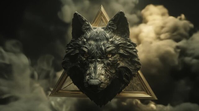 Mystical dark wolf head emerging from dramatic clouds within a golden triangular frame, symbolic powerful fantasy art