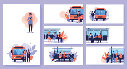 Fototapeta premium Series of illustrations showing people commuting on a city bus, sitting and standing while using their mobile smartphones.