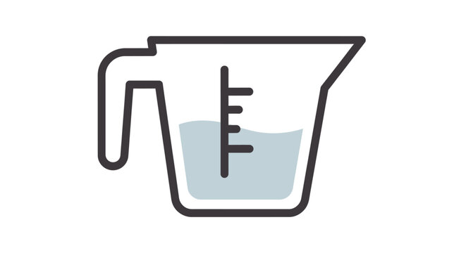 Measuring cup with water and markings, kitchen tool icon, simple graphic illustration