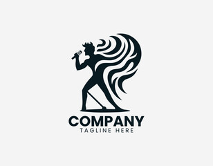 Fototapeta premium Male singer performing with microphone and flame background representing music performance energy and entertainment style in clean minimalist black vector illustration style on white background