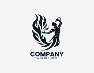 Obraz premium Male singer performing with microphone and flame background representing music performance energy and entertainment style in clean minimalist black vector illustration style on white background